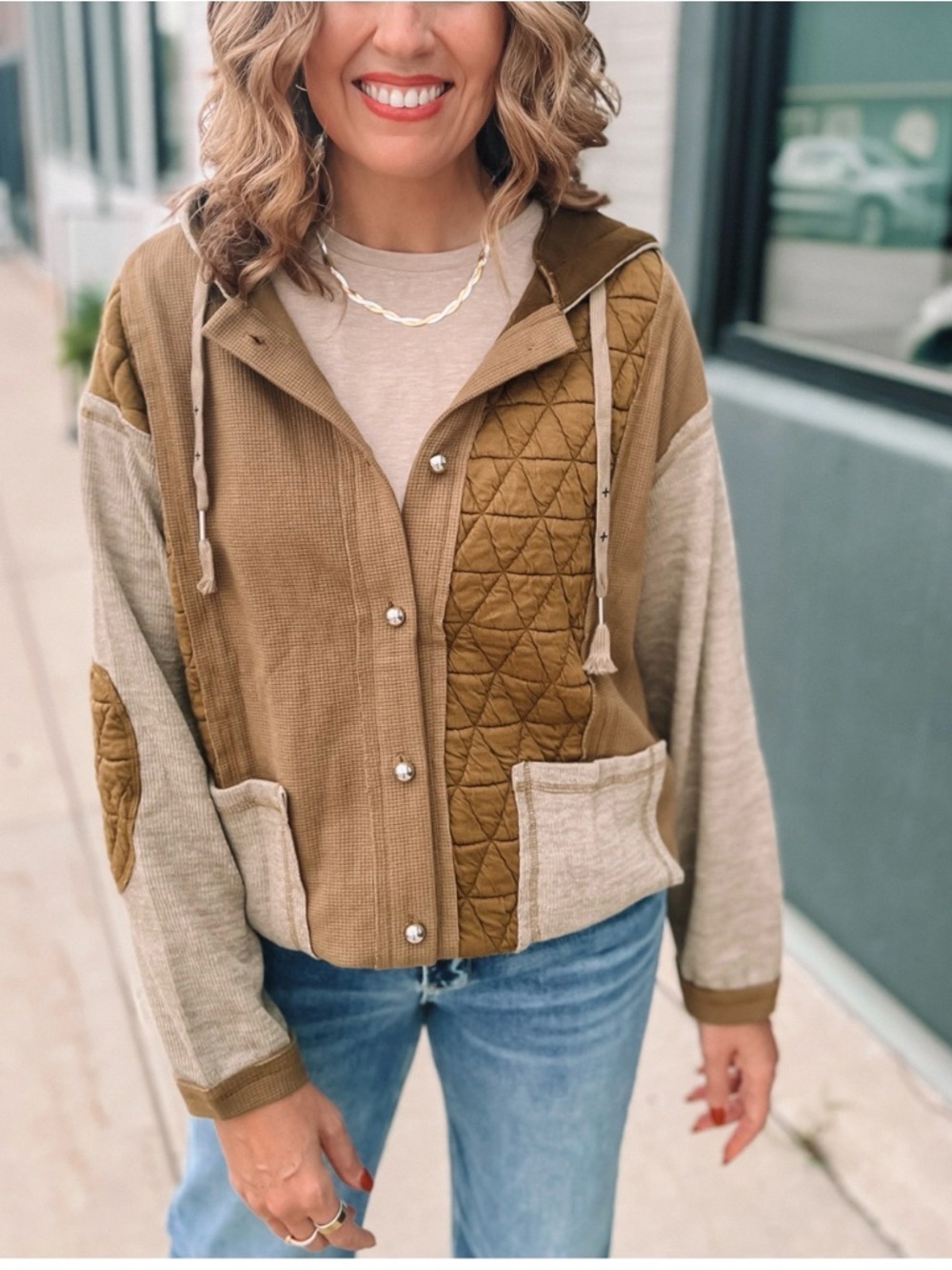 Mod Boutique Mixed-Knit Hooded Quilted Jacket Green Small NWOT